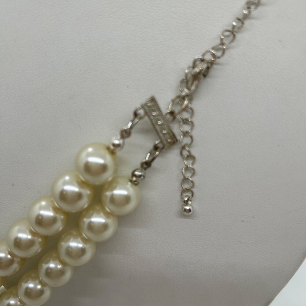 Vintage Faux Pearl Necklace Double Strand Creamy White Glass Beaded Choker 20 In - Picture 9 of 13